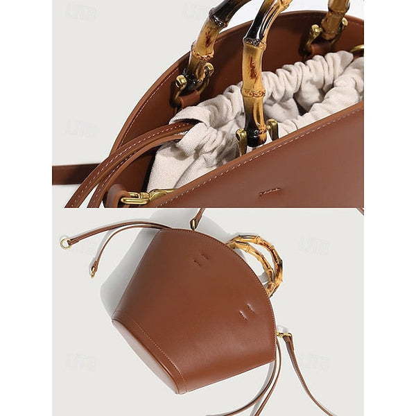 Brown Bamboo Leather Bucket Bag Handle with Women's FashionChic