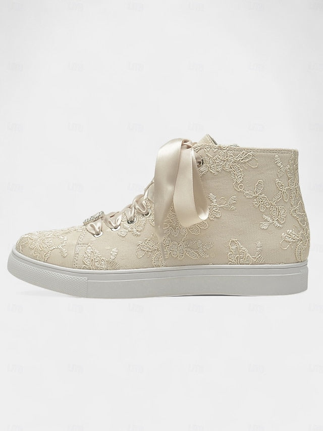 with Ivory Sneakers Satin Wedding Women's Laces Lace Ribbon FashionChic