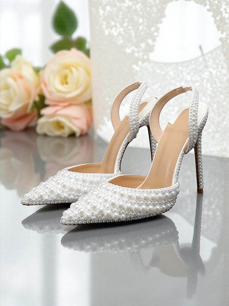 White Pearl-Embellished Slingback Heels Leather Women's - FashionChic