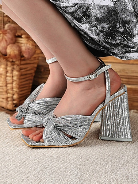 Detail Heel and Knot Block Sandals Rose Textured Gold with FashionChic