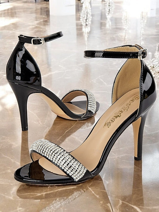 Black Heel High Patent Rhinestone Sandals Leather with FashionChic
