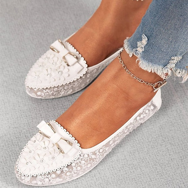 Details - Lace Flats Women's Pink and Floral with Bow FashionChic