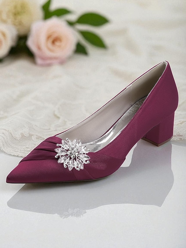 Block Heel Low Crystal Pumps Women's with White FashionChic