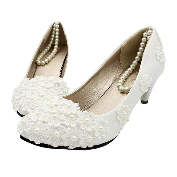 Lace Floral Women's White Wedding Pearl Heels – Decorated FashionChic