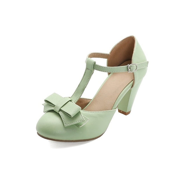 Vintage Chunky 1950s – Green T-Strap Bow Heels Retro with Mint FashionChic