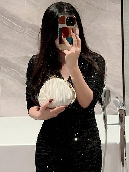 Satin Women's Evening Clutch Shell Purse Pleated FashionChic