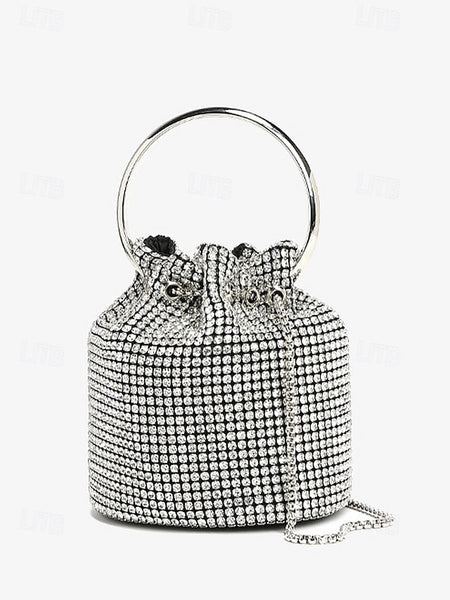 Women's with Rhinestone Metal Bag Silver Bucket Sparkling FashionChic