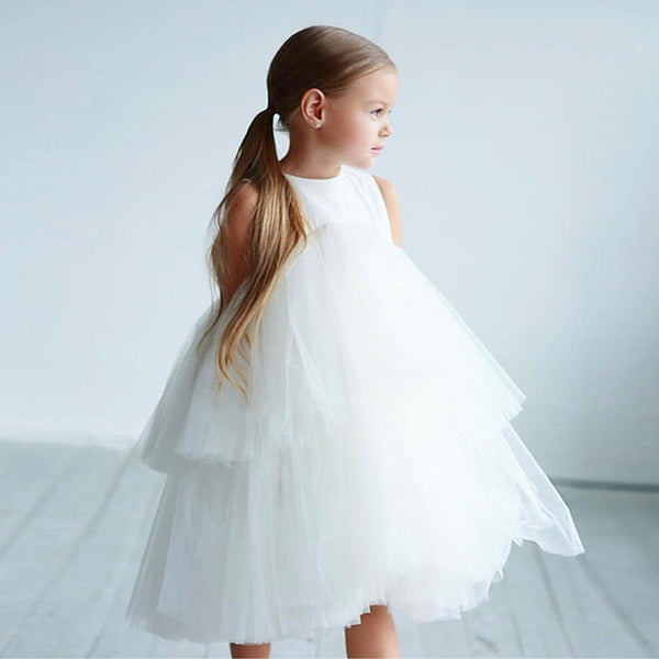 Wedding Color Girls' Sleeveless Party Solid Dress Mesh Kids FashionChic