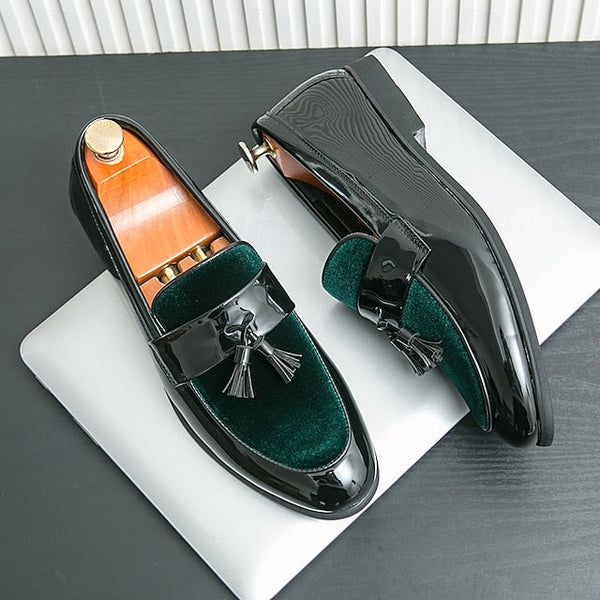 – Men's Black Faux Tassel Loafers Leather Patent Velvet FashionChic