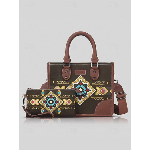 and Set Women's Ethnic Leather Faux Handbag Canvas with FashionChic
