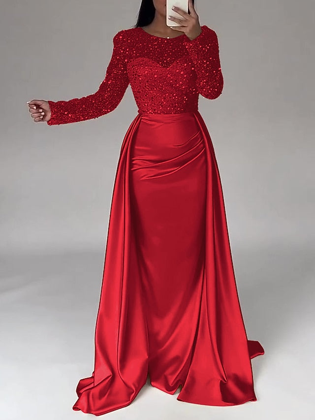RuchedSatin Dress Sleeves Mermaid Gown Evening Sequin Long FashionChic