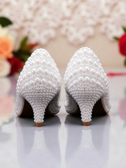 Heel Matching Kitten and Pearl-Embellished Pumps Women's FashionChic