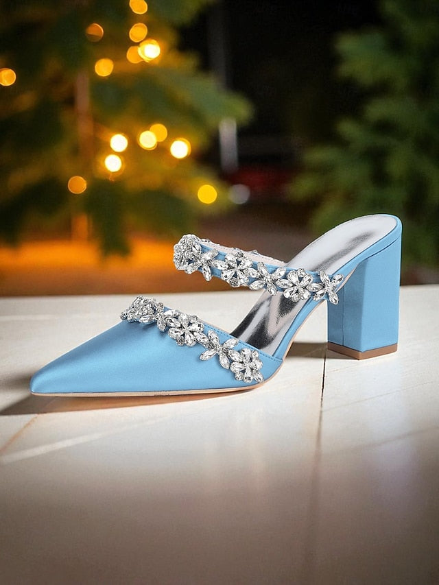 Floral Women's with Satin Block Heel Rhinestone Mules Black FashionChic