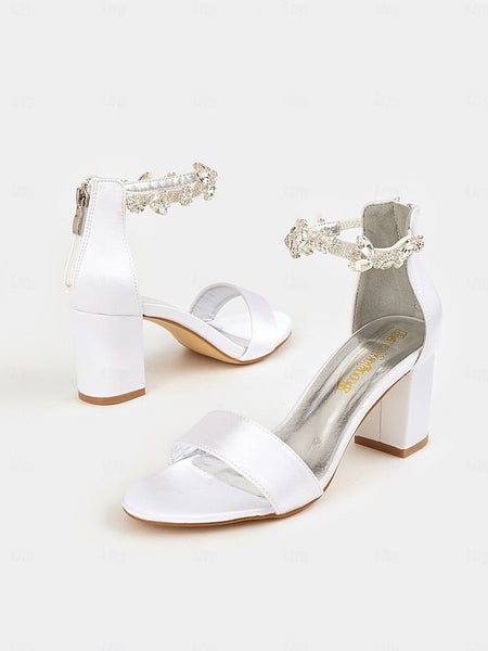Sandals Floral Ankle Strap with Block Satin White Bridal Heel FashionChic