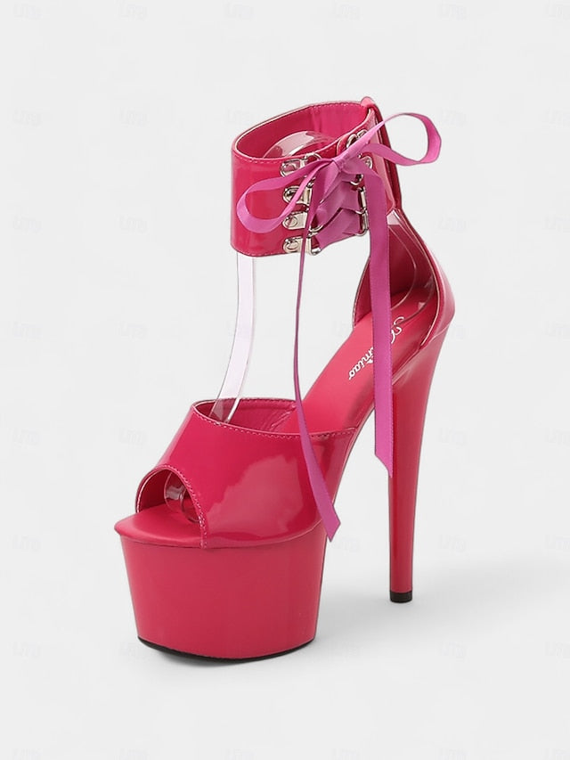 Lace-Up Sandals Ankle Straps Black with Leather Platform Patent FashionChic