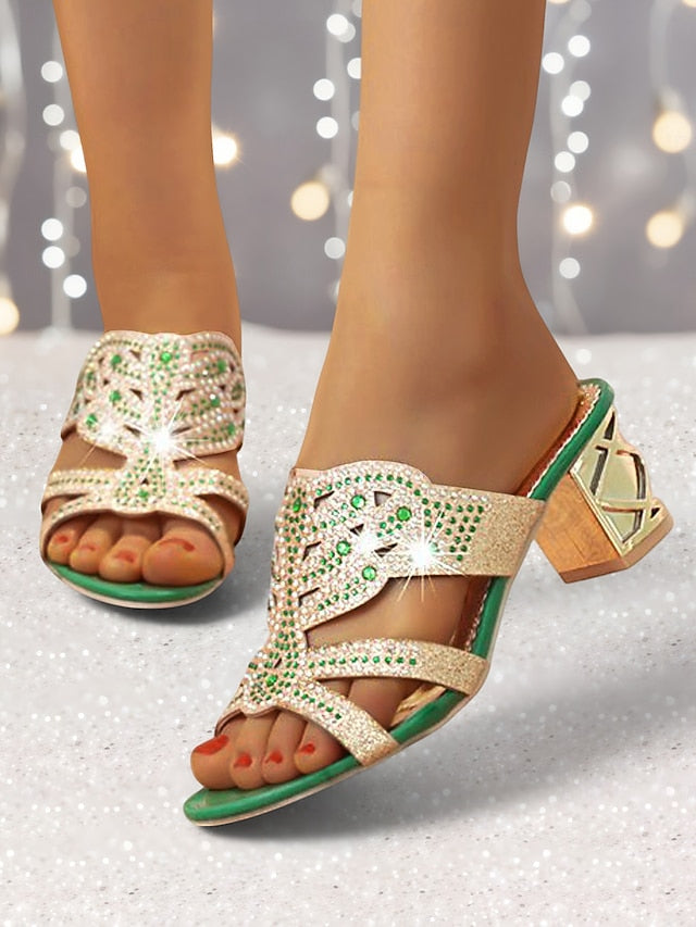 Embellished Green - Gold Rhinestone Sandals and Heeled FashionChic