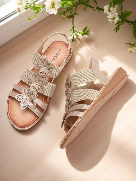 Sandals Women's Rhinestone Floral – Flat Elegant Beige FashionChic