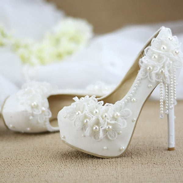 Wedding Platform White with Lace Floral Heels Women's FashionChic