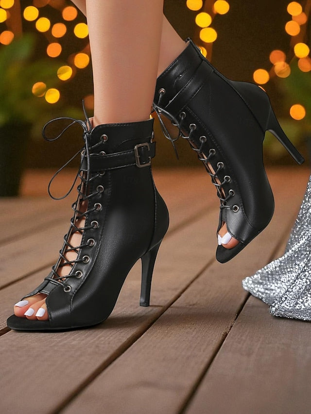 Heel Black Booties Stiletto Toe High - Women's Peep Lace-Up FashionChic