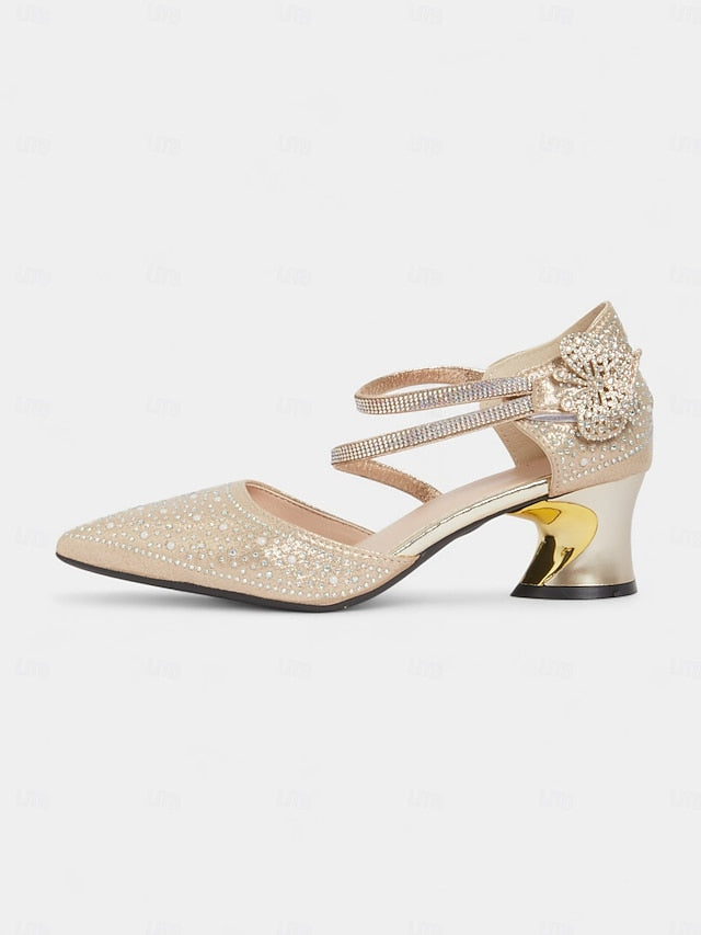 Glitter Rhinestone Low Heel Women's Toe Pointed Ankle Strap FashionChic