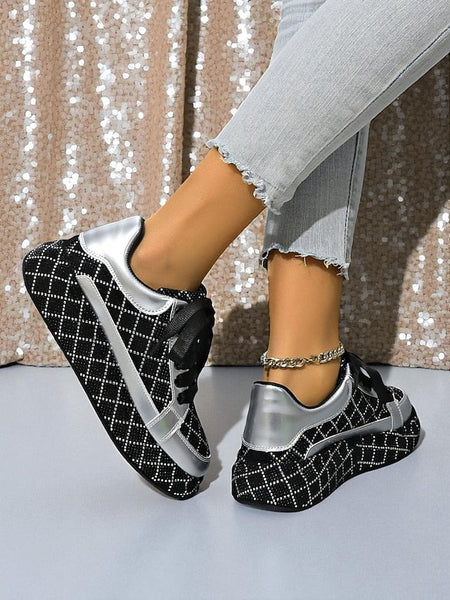Silver Quilted Women's - Rhinestone Sneakers and Black FashionChic