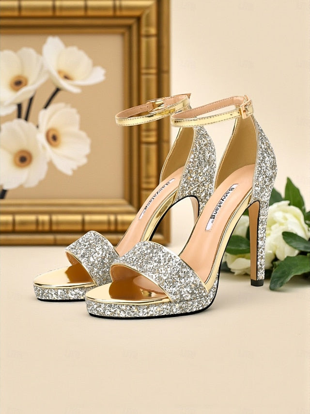 High Glitter with Strap Silver Sandals Ankle Heel Women's FashionChic