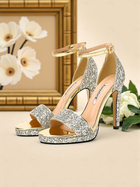 High Glitter with Strap Silver Sandals Ankle Heel Women's FashionChic