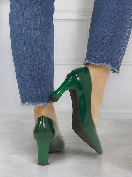 Pointed-Toe Glossy Patent Leather Heel Green Pumps Faux Block FashionChic