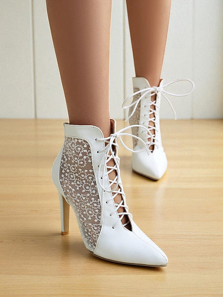 Women's Mesh Booties Ankle Lace Stiletto White Heels with FashionChic
