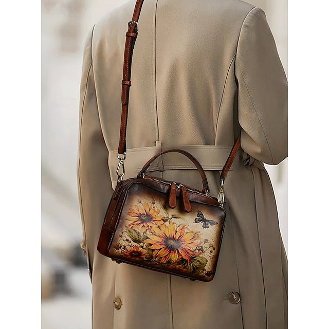 – Sunflower Print Vintage with Handbag Leather and Butterfly FashionChic