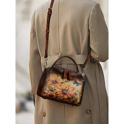 – Sunflower Print Vintage with Handbag Leather and Butterfly FashionChic