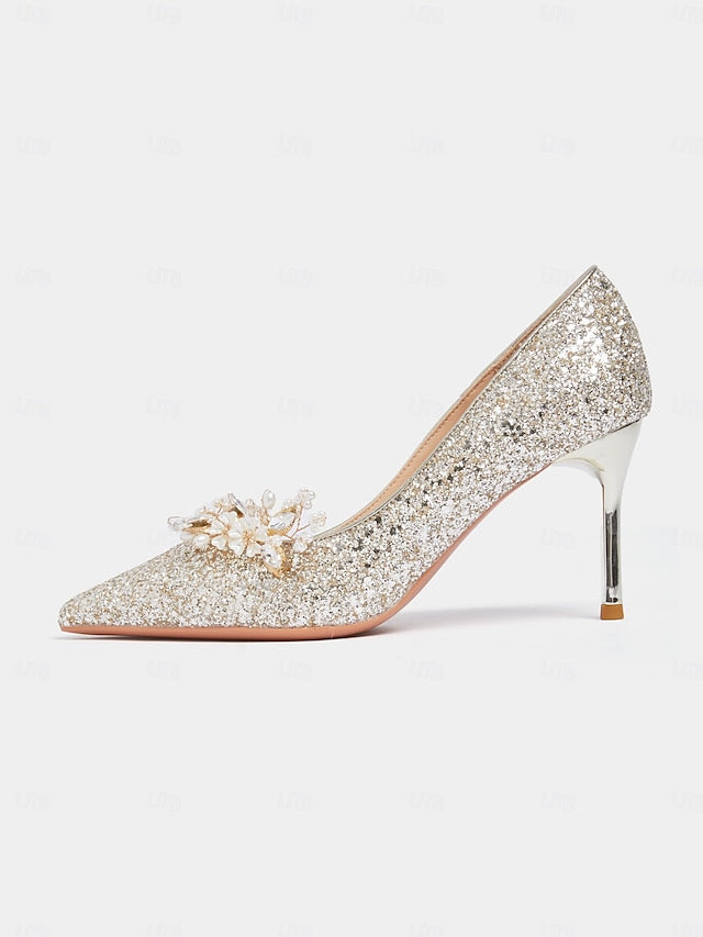 with Women's Glitter Floral Heels Silver Stiletto FashionChic