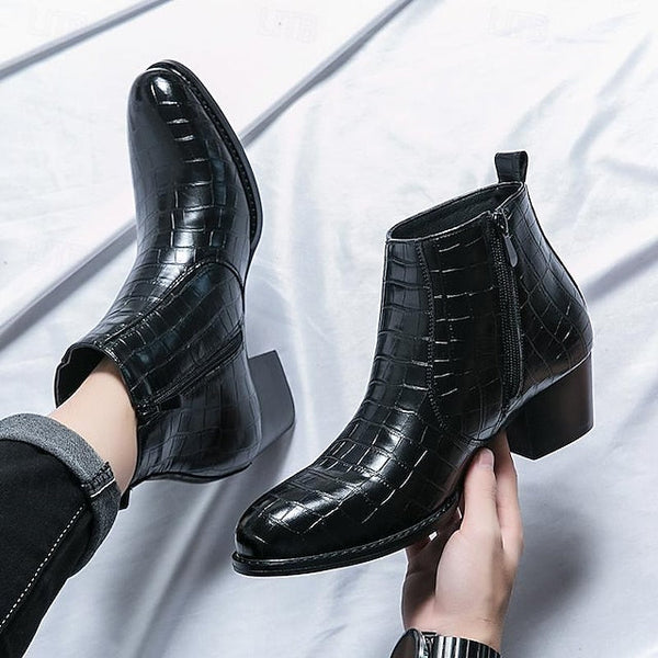 Leather - Faux Boots Men's Pattern Crocodile Ankle Brown FashionChic