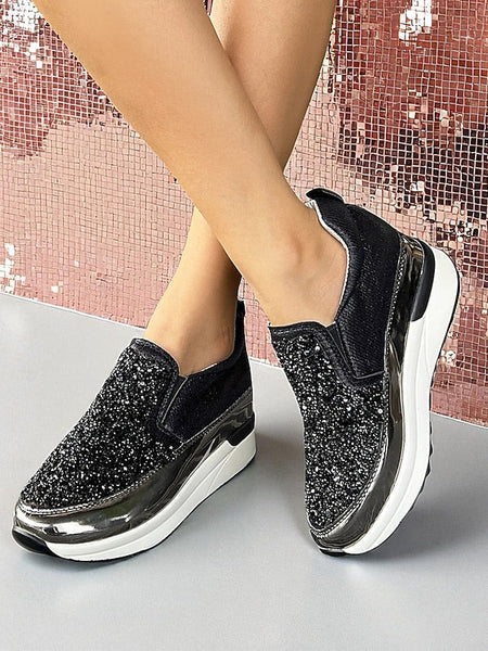 with Women's Black Glitter Metallic Slip-On Sneakers FashionChic