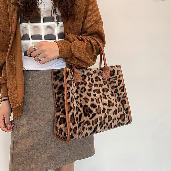 Tote Bag with Leather Faux Leopard Print Brown Women's Fur FashionChic