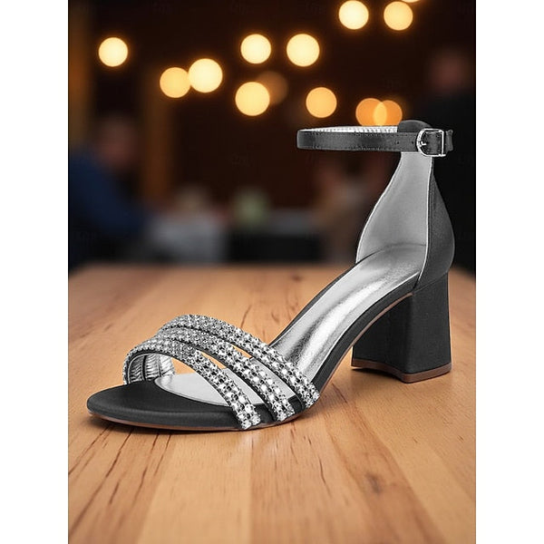 Satin Rhinestone Heel with Block Purple Women's Sandals FashionChic