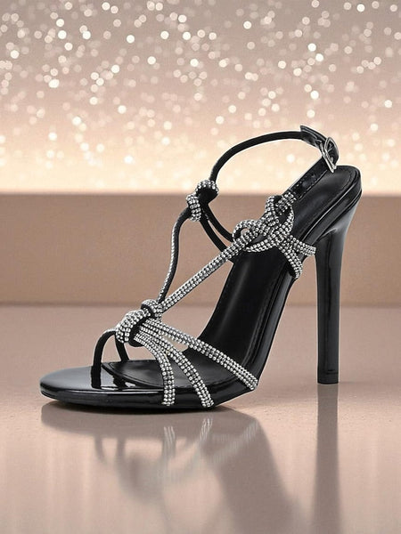 Toe Heels Stiletto with Rhinestone Women's Square Strappy FashionChic