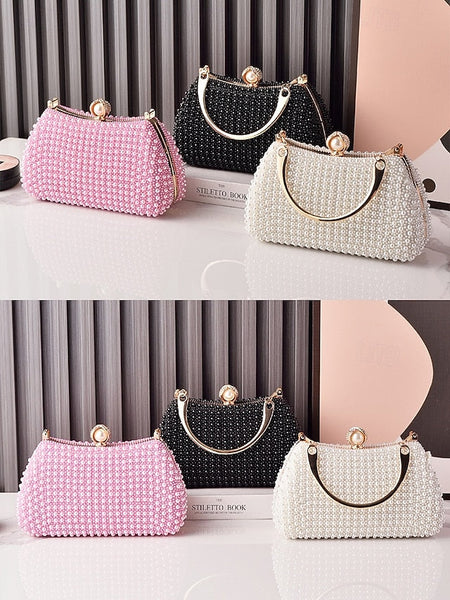 Pearl Handle Clutch Bag Beaded Gold with Evening Women's FashionChic