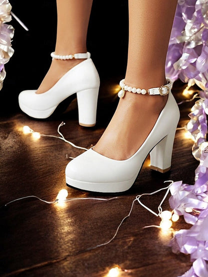 – Pearl with Ankle Pumps Strap Heel White Women's High FashionChic