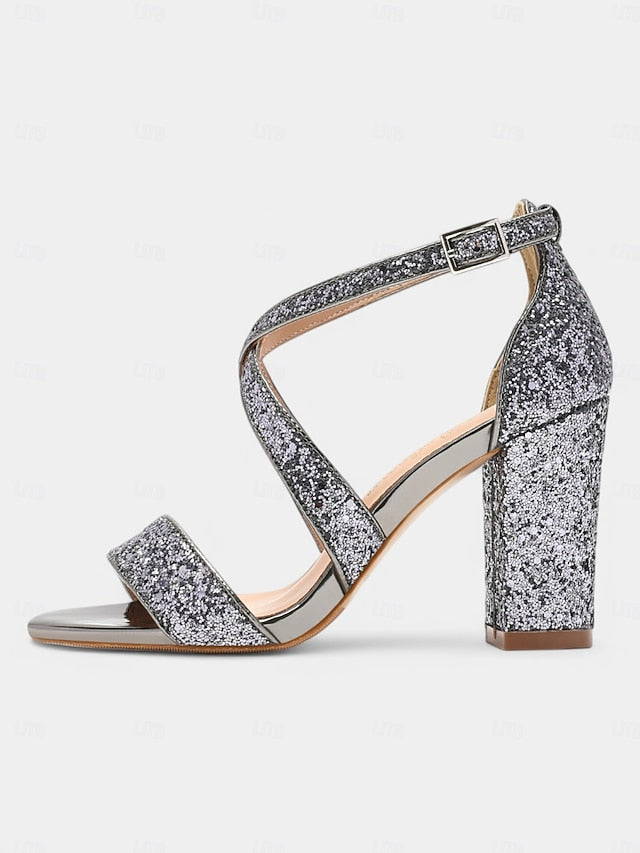 Women's Block Sandals Gold Heel Glitter FashionChic