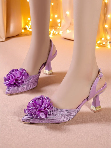 Women's Floral Heels Purple Slingback with Rhinestone FashionChic