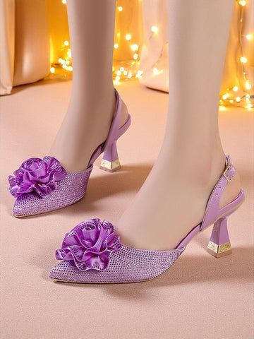 Women's Floral Heels Purple Slingback with Rhinestone FashionChic