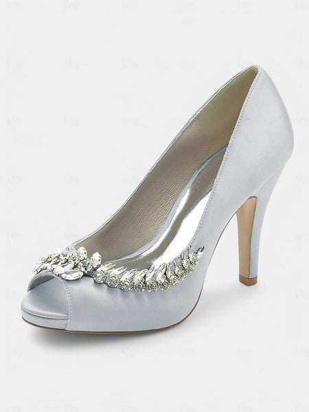 Peep-Toe Luxury – Embellishment Satin Crystal Blue with Heels FashionChic