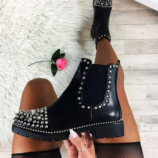Chelsea Sole Ankle – Black Studded Chunky Boots Women for FashionChic