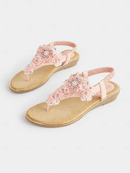 – Lace Women's Embellished Pink Floral Sandals T-Strap FashionChic
