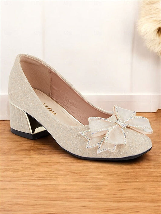 Heel - Bow with Glitter Decoration Gold Pumps Block Women's FashionChic