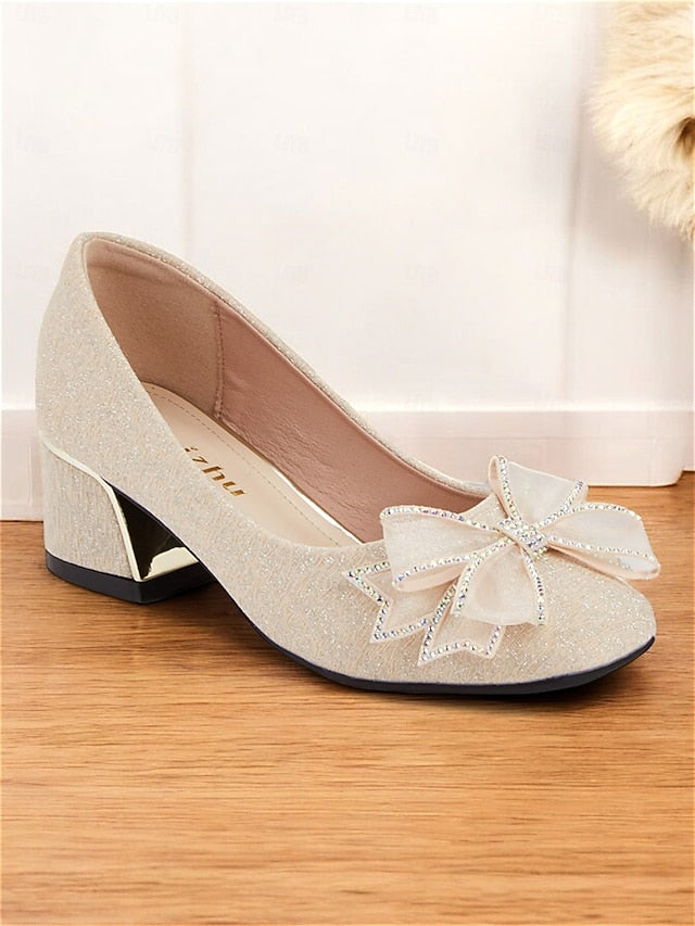 Heel - Bow with Glitter Decoration Gold Pumps Block Women's FashionChic