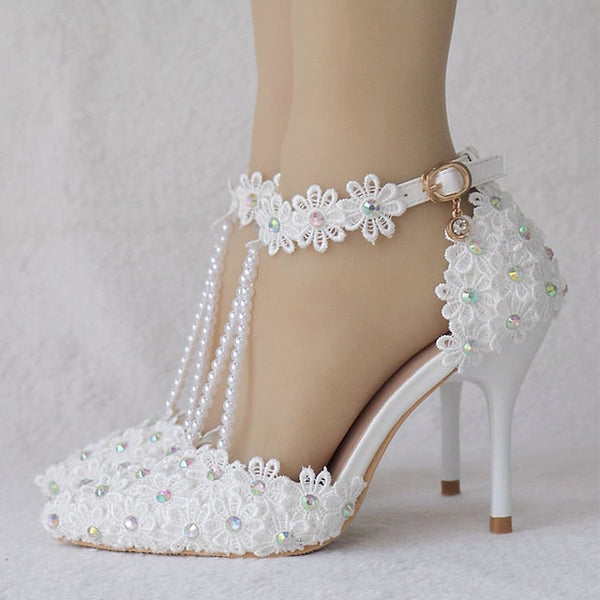 Wedding Shoes Heel Pointed High Women's Lace Bridal FashionChic
