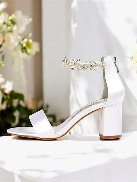 Sandals Floral Ankle Strap with Block Satin White Bridal Heel FashionChic