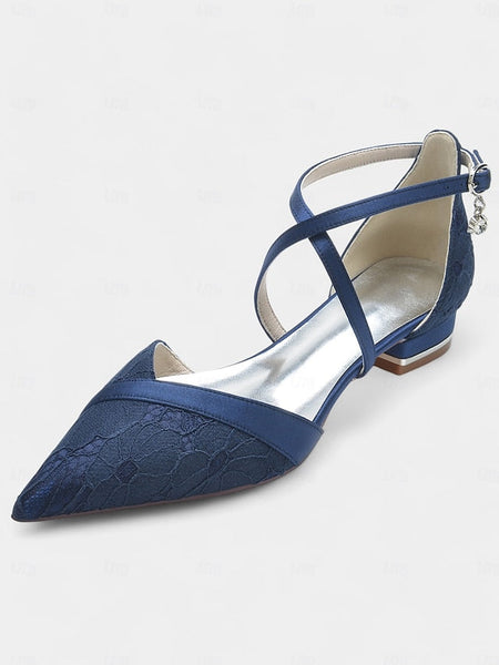 Shoes Satin Low Lace Cross-Strap Blue Heel for Overlay Navy with FashionChic